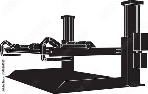 Industrial robotic arm, mechanical assembly line, factory automation, black and white vector