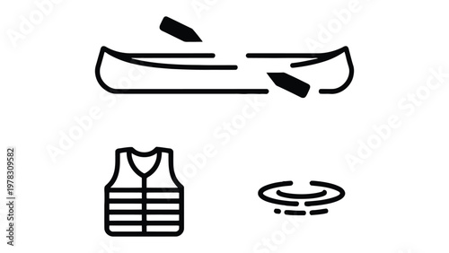 Simple Kayak and Safety Gear: Minimalist line art depicting a kayak, life vest, and water ripple, suggesting water activities and safety precautions.