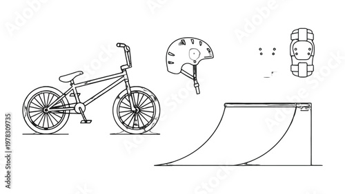 BMX Set: An illustrative image featuring a BMX bicycle, a ramp, a helmet, and a skateboard, highlighting the elements of the exciting sport of BMX and skateboarding. 
