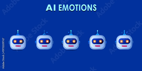 A row of five cartoon robots displaying different emotional expressions