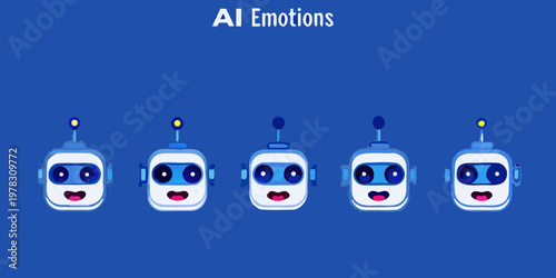 Five cartoon robots displaying a range of emotive facial expressions