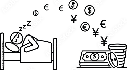 A person sleeping and dreaming of money