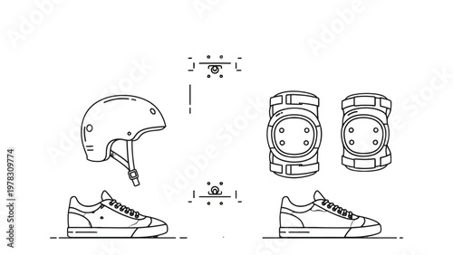 Skateboarding Essentials: A graphic representation of the essential protective gear and footwear required for skateboarding, promoting safety and readiness.