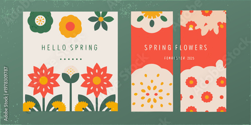 Stylized floral designs arranged in vertical panels with spring greetings