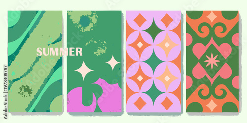 Four colorful abstract patterned panels with a summer theme displayed vertically