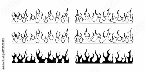 Collection of stylized black and white flame illustrations arranged in rows