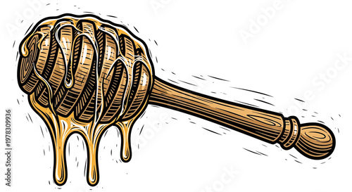 Honey dipper with dripping honey, hand drawn illustration vector illustration of a wooden honey dipper with golden honey dripping down