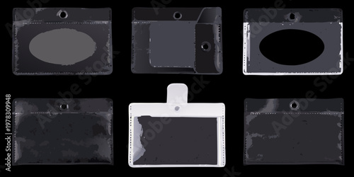 Six plastic id card holders arranged on a black surface