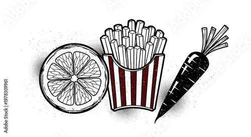 Set of healthy and unhealthy food icons, including a fresh orange slice, a portion of crispy french fries, and a whole carrot, vintage handdrawn illustration style