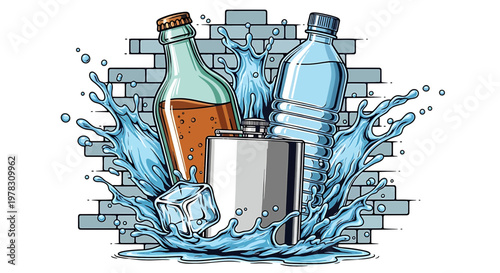 Beverage containers with water splash and ice cube glass bottle with brown liquid, plastic bottle, and metal flask against a brick wall background