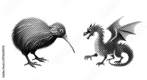 Halftone illustration of a kiwi bird and a dragon facing each other