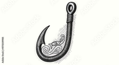Canvas Print Polynesian style fish hook with fish and wave patterns, traditional maori hei ma