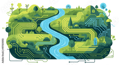 A vibrant illustration symbolizing the harmony between nature and technology, evoking feelings of growth, innovation, and a sustainable future. Suitab