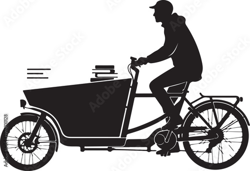 Black bicycle courier, delivery bike, cargo bike, silhouette illustration