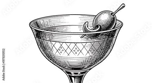 Vintage engraving style illustration of a martini cocktail glass with an olive and a lemon twist garnish