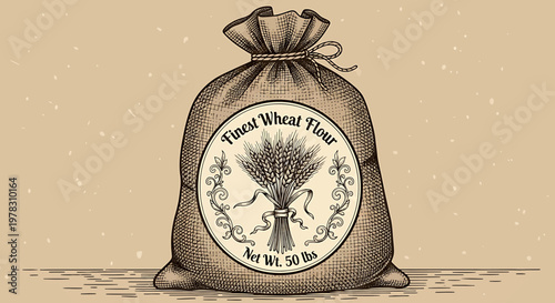 Vintage style sack of wheat flour hand drawn engraving style illustration of a burlap bag with a label featuring wheat stalks, tied with a ribbon, on a textured background