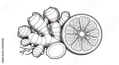 Hand drawn ginger root and sliced orange vector illustration of fresh ginger and citrus fruit in sketch style