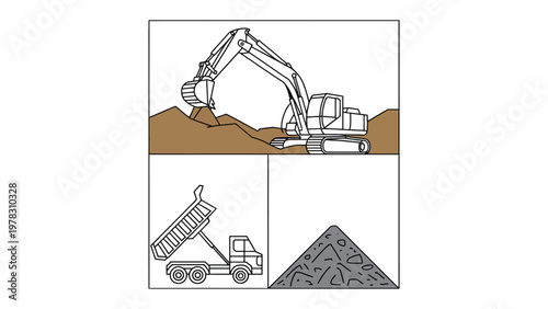 Construction Machinery Illustration: An excavator works diligently in the excavation process, followed by a dump truck for material transportation, and the final material accumulation.