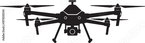 Drone, quadcopter, aerial, camera, vector icon, black silhouette, technology