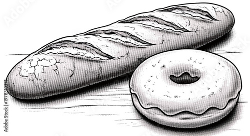 Handdrawn illustration of a crusty french baguette and a glazed donut, vintage engraving style, black and white sketch of bakery items on a wooden surface