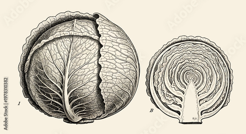 Vintage style botanical illustration of a whole cabbage and a cross section of a cabbage head