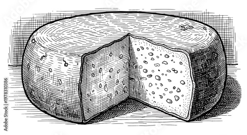 Foto Handdrawn illustration of a wheel of cheese with a wedge cut out, featuring a te