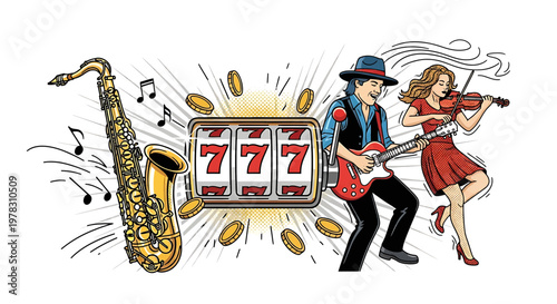 Musical band playing instruments with a slot machine, jazz saxophone, rock guitarist and violinist, casino concept, retro pop art style illustration