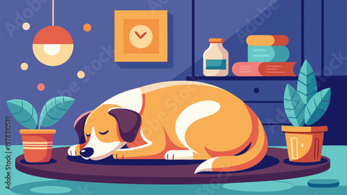 Dog calming supplement concept with sleeping pet in cozy home environment illustrating relaxation stress relief and pet wellness care