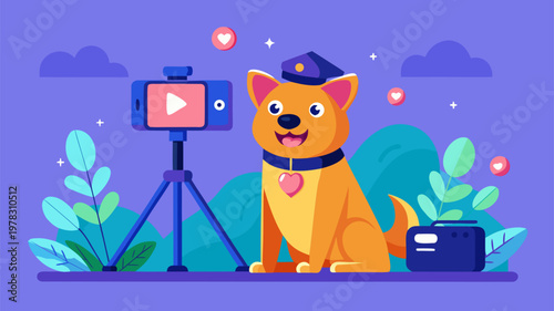 Pet influencer concept with cute dog recording video for social media illustrating content creation online fame and animal blogging lifestyle