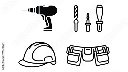 Essential Tools: An overhead view of a collection of essential tools for construction, featuring a power drill, drill bits, screwdriver, hard hat, and tool belt, all in clear view.