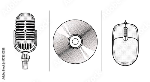 Vintage microphone, compact disc and computer mouse icons set retro style audio recording equipment, optical storage media and pc peripheral device vector illustration