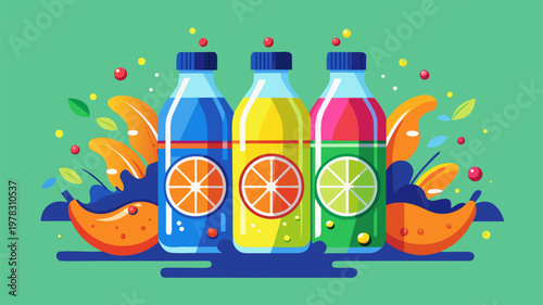 Electrolyte drink concept with colorful bottles and citrus slices illustrating hydration energy refreshment and sports nutrition lifestyle