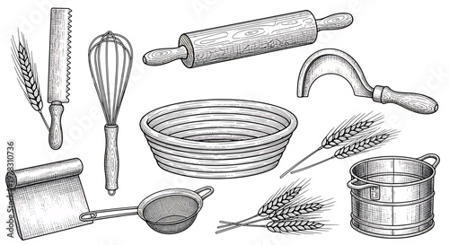 Set of baking tools and wheat ears, hand drawn illustration, engraving style