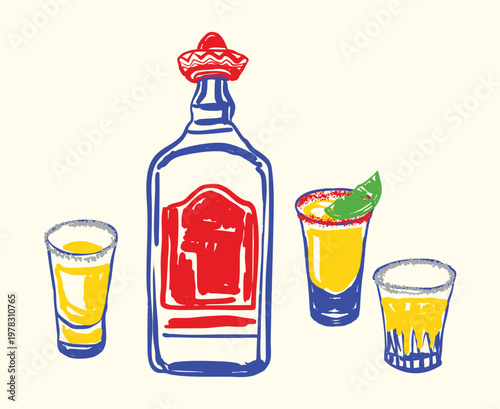 Tequila Bottle with Sombrero and Citrus Shots Mexican Fiesta Drink Set