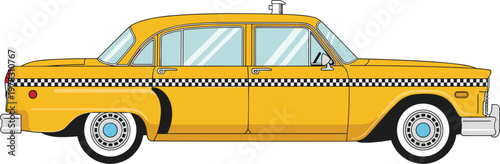 Classic yellow taxi cab side view illustration with checkered stripe, vintage design, chrome details, and roof sign representing nostalgic urban transportation and city travel concept
