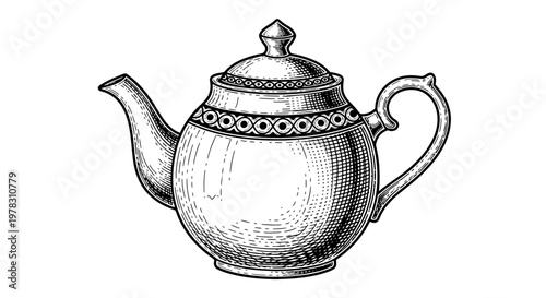 Vintage teapot illustration, engraved style, classic tea kettle, kitchenware design element, handdrawn sketch, retro style