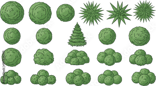 Collection of 25 green bush and shrub vector illustrations arranged in grid, symbolizing landscape design, botanical elements, garden foliage, nature decoration, and plant diversity