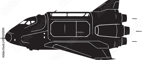 Black spaceship, futuristic aircraft, vector illustration, sci-fi vehicle, space shuttle