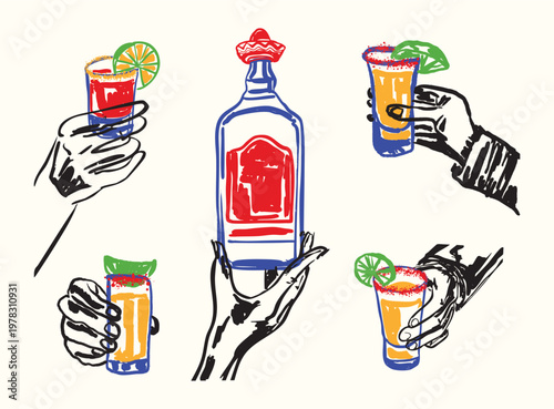 Hands Holding Tequila Shots and Bottle Cheers Mexican Fiesta Drink