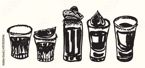 Vintage Tequila Shots with Lime and Sombrero Mexican Fiesta Drink Set