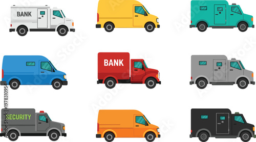 Collection of Armored Bank Trucks and Security Vans Featuring Different Colors and Flat Vector Designs Isolated on White Background for Financial Protection and Logistics