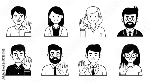 Collection of diverse professional men and women with friendly smiles waving hello, presented in a clean, minimalist line art style with bold black fills, showcasing scalable