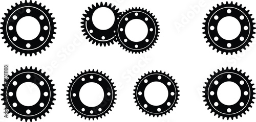 Collection of black gear icons and mechanical sprocket wheels silhouettes isolated on white background, industrial engine parts vector set for engineering and machinery design