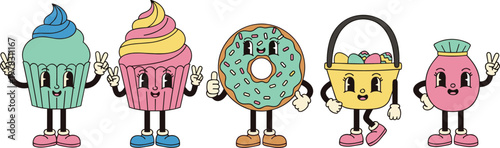Cute dessert characters vector set featuring cupcakes, donut and sweets with funny faces in playful cartoon style illustration isolated on background