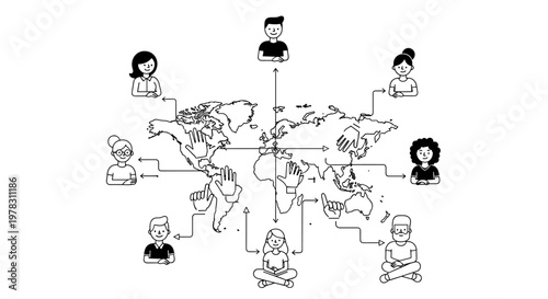 Diverse global community members connect across continents through interconnected lines and hands reaching out from a simplified world map, symbolizing unity and collaboration in