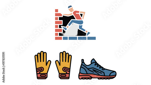 Urban Obstacle Icon: Dynamic icon depicts a determined athlete gracefully navigating a concrete obstacle course, accompanied by illustrative accessories of gloves and shoes