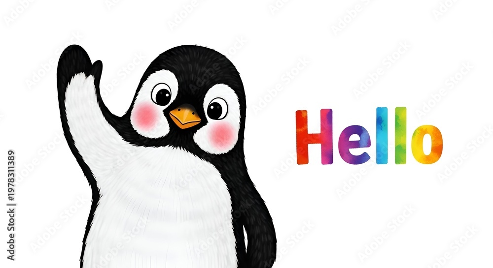 Naklejka premium Cute cartoon penguin waving hello with colorful text