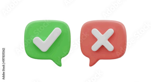 Vector illustration of 3d render of green check mark and red cross mark in speech bubbles on a transparent background