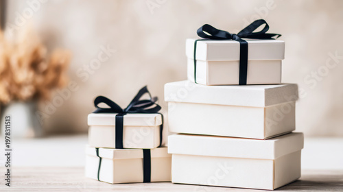 Stacked white gift boxes tied with black satin ribbon symbolizing elegance and celebration