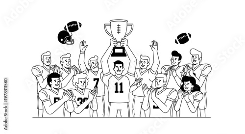 Joyful american football team celebrates championship victory, holding aloft a golden trophy, with helmets and balls tossed in air, depicting teamwork, success, and athletic